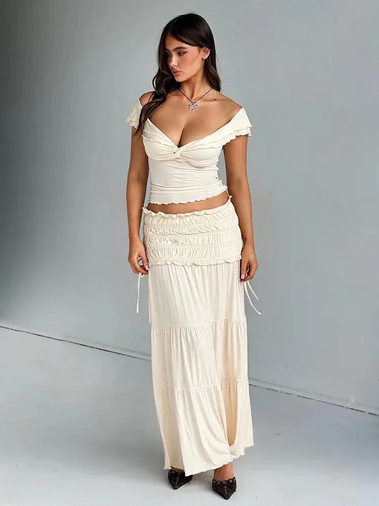 Sexy Party Pleated Crop Top Maxi Skirts Bodycon Summer 2 Piece Dress