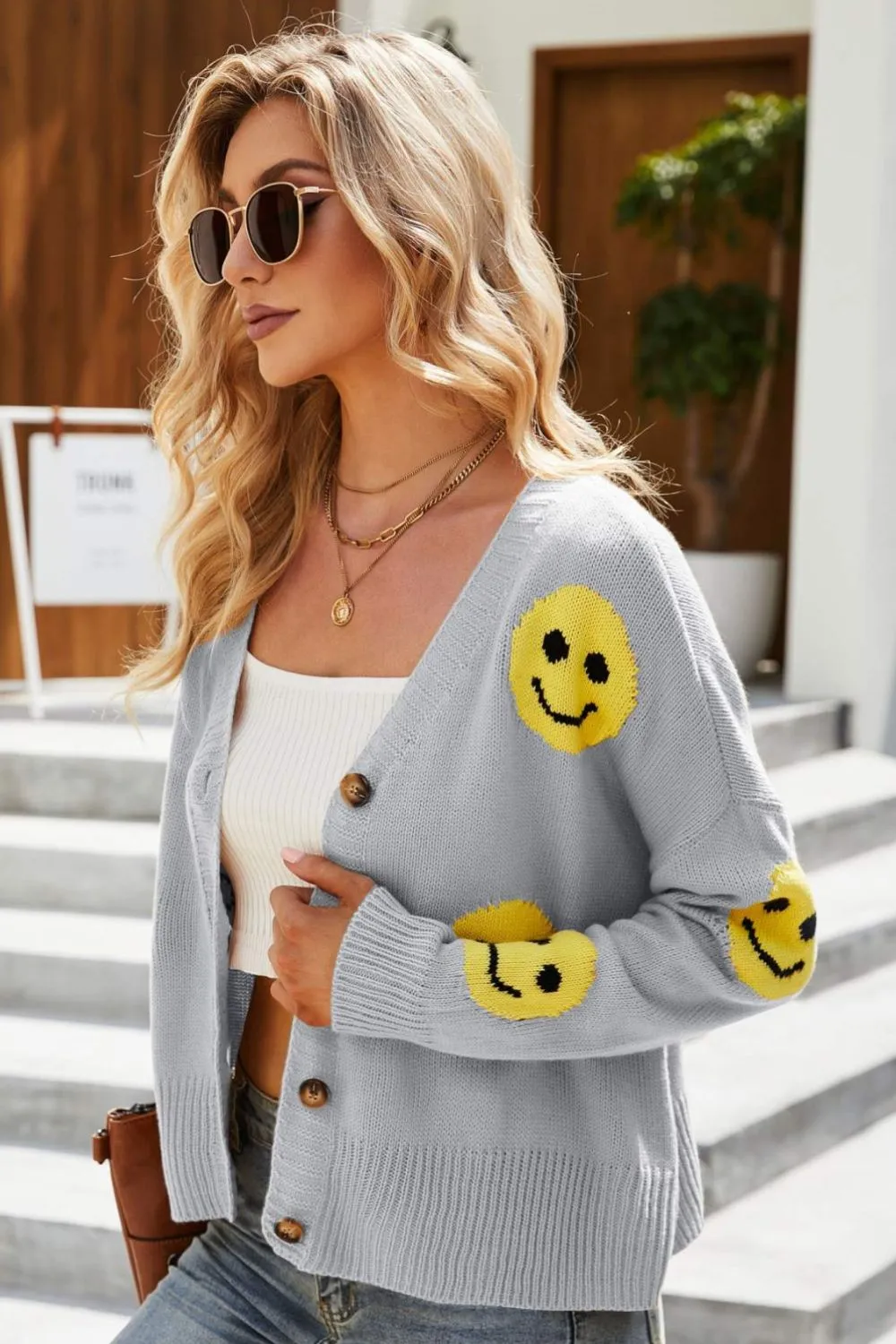 Smiley Face Ribbed Trim V-Neck Cardigan