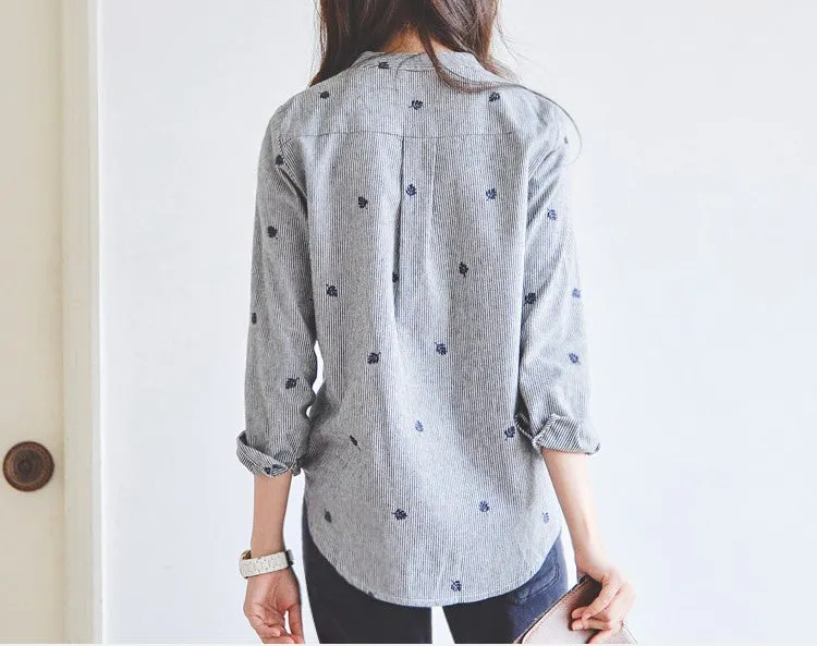 Spring Autumn Shirt Leaves Embroidery Long Sleeve Women