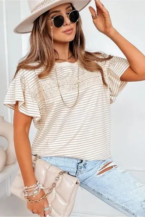 Striped Lace Splicing Ruffle Sleeve T-Shirt