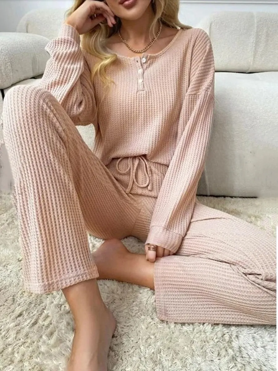 Waffle Knit Tops Lace-up Trousers Two-piece Set