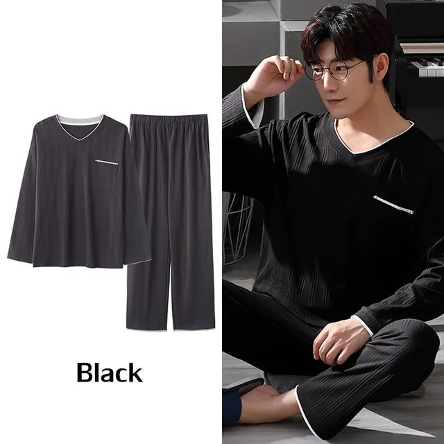 Wjczt Korean Minimalist Style Man Pajamas Set Long Sleeve Loungewear Cotton Sleepwear for Boy Leisure Mens Pijamas Fashion Homesuits