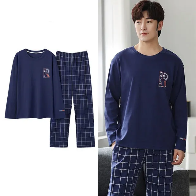 Wjczt Korean Minimalist Style Man Pajamas Set Long Sleeve Loungewear Cotton Sleepwear for Boy Leisure Mens Pijamas Fashion Homesuits