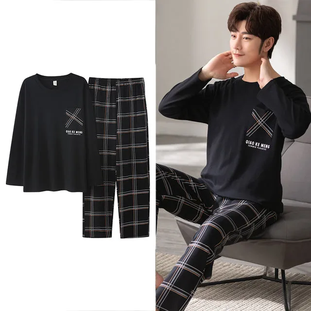 Wjczt Korean Minimalist Style Man Pajamas Set Long Sleeve Loungewear Cotton Sleepwear for Boy Leisure Mens Pijamas Fashion Homesuits