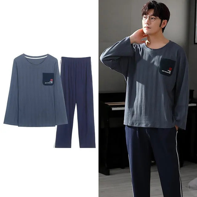 Wjczt Korean Minimalist Style Man Pajamas Set Long Sleeve Loungewear Cotton Sleepwear for Boy Leisure Mens Pijamas Fashion Homesuits