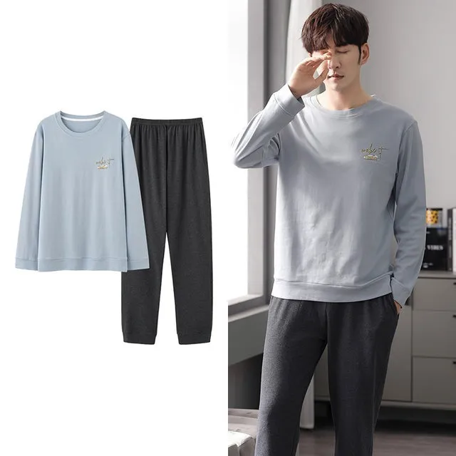 Wjczt Korean Minimalist Style Man Pajamas Set Long Sleeve Loungewear Cotton Sleepwear for Boy Leisure Mens Pijamas Fashion Homesuits