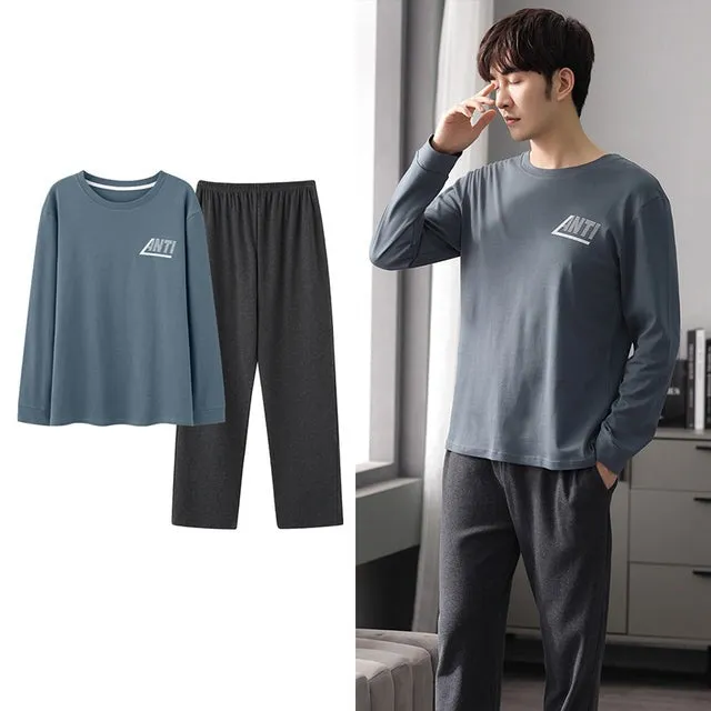 Wjczt Korean Minimalist Style Man Pajamas Set Long Sleeve Loungewear Cotton Sleepwear for Boy Leisure Mens Pijamas Fashion Homesuits