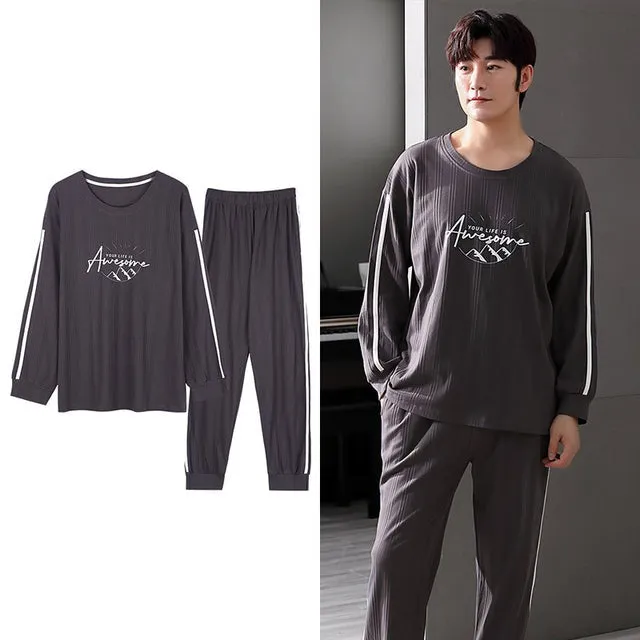 Wjczt Korean Minimalist Style Man Pajamas Set Long Sleeve Loungewear Cotton Sleepwear for Boy Leisure Mens Pijamas Fashion Homesuits