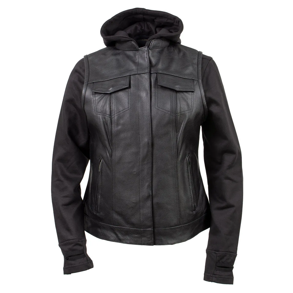 Xelement Gold XS24007 Women's 'Tara' Black Leather Motorcycle Rider 2 in 1 Hoodie Jacket with Convertible Vest