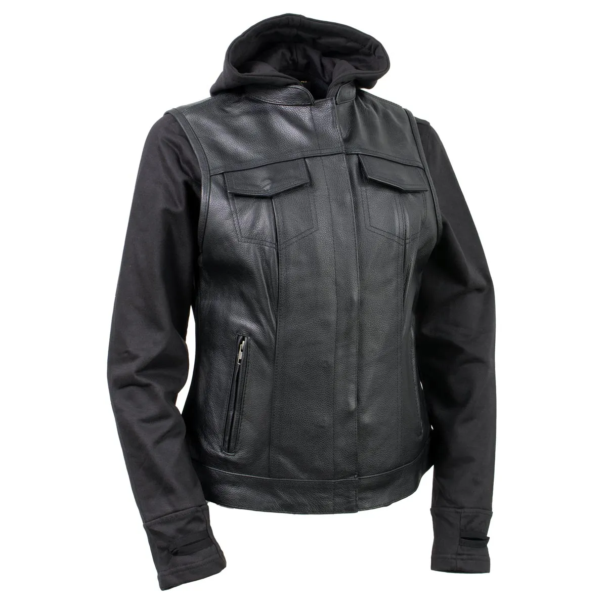 Xelement Gold XS24007 Women's 'Tara' Black Leather Motorcycle Rider 2 in 1 Hoodie Jacket with Convertible Vest