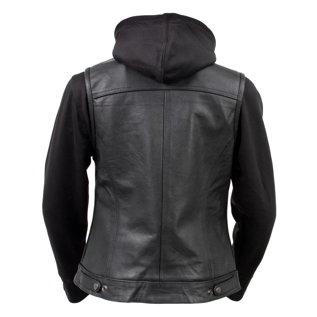 Xelement Gold XS24007 Women's 'Tara' Black Leather Motorcycle Rider 2 in 1 Hoodie Jacket with Convertible Vest