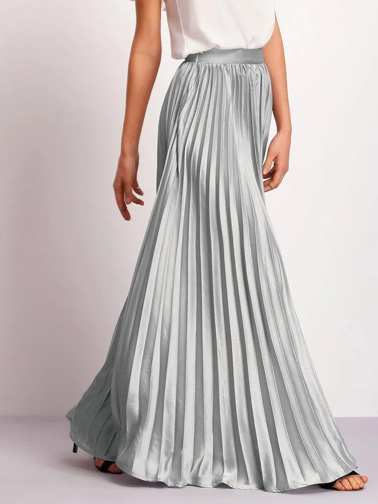 Zipper Side Pleated Flare Maxi Skirt