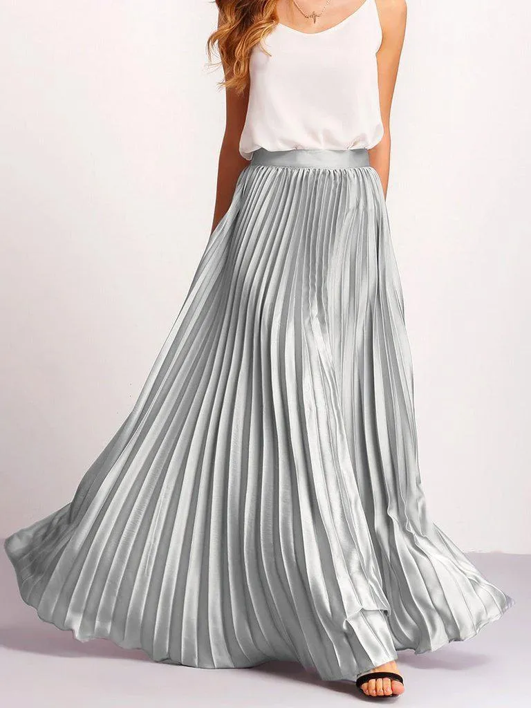 Zipper Side Pleated Flare Maxi Skirt